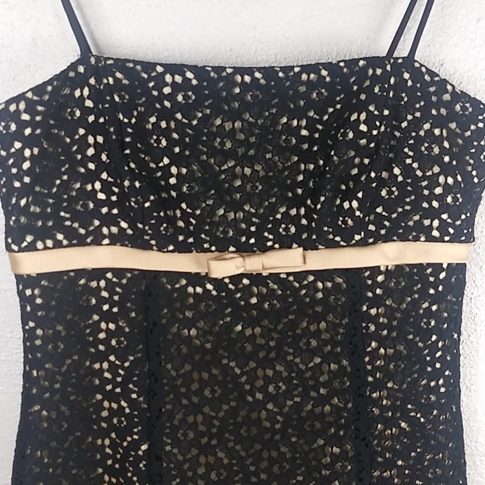Betsy & Adam Black Gold Crochet Straight Neckline Spaghetti Strap Mini Dress - Picture 11 of 15